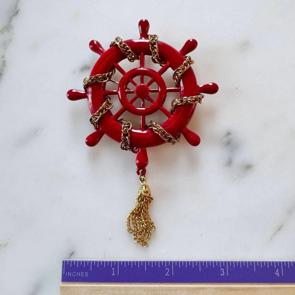 Vintage 1960s‎ Red Ship Wheel Brooch Gold Tassel Nautical Helm Pin Mid Century